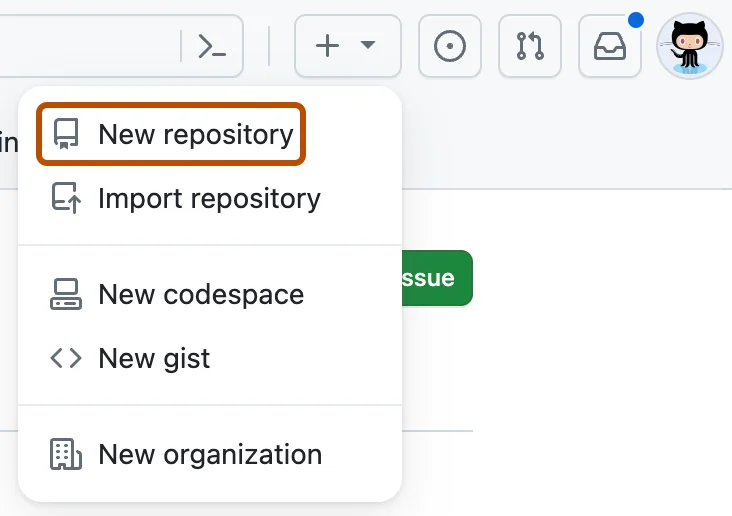 GitHub's + menu open at the top right of the page, with New repository highlighted.