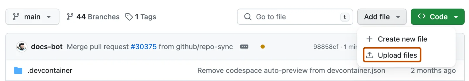A GitHub repository's file list with the Add file menu open and Upload files highlighted.