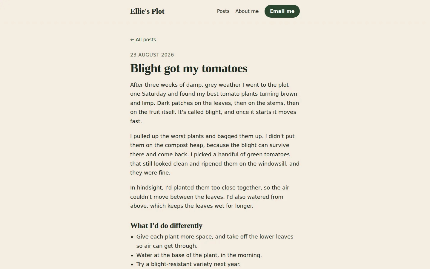 One of Claude's sample posts on a laptop, 'Blight got my tomatoes', in a narrow reading column with a 'What I'd do differently' list.