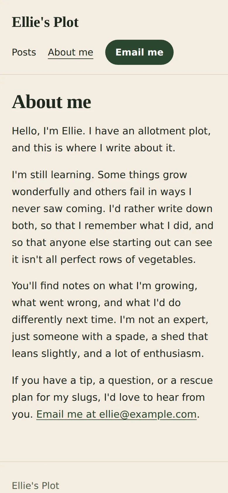 About page on a phone: 'About me', a few made-up lines about Ellie learning on her allotment, and an email link at the end.