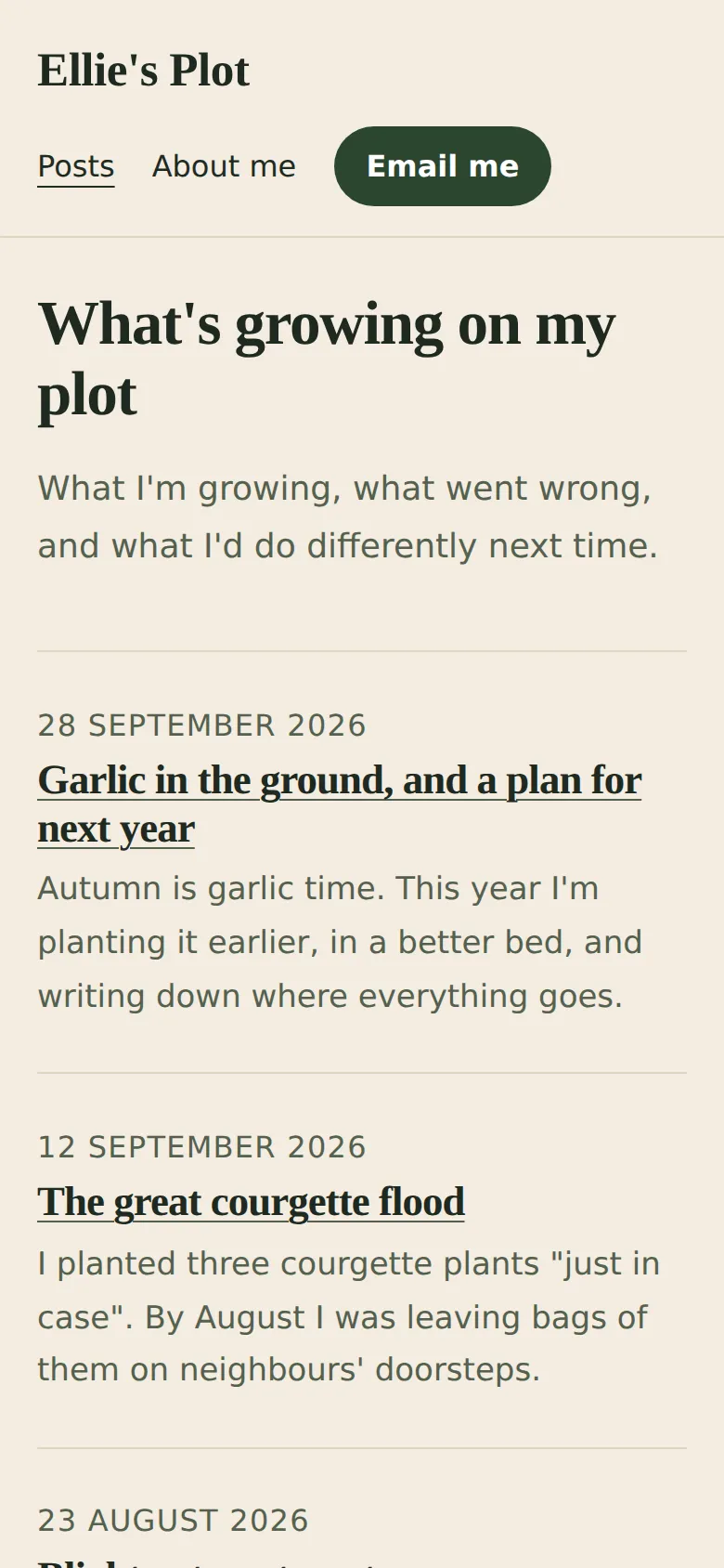 Home page on a phone after prompt 3: the site name, the menu with Posts underlined and the Email me button below it, the big serif heading, and the first sample post with its underlined title.