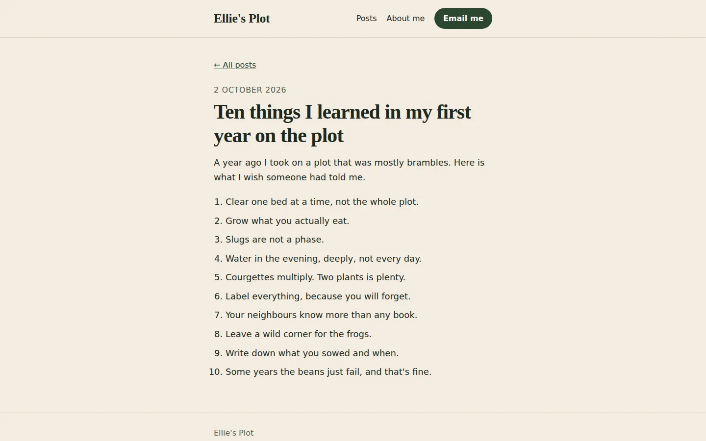 The new post's own page on a laptop: an 'All posts' link with a back arrow, the date, the serif title and the start of the numbered list of ten things.