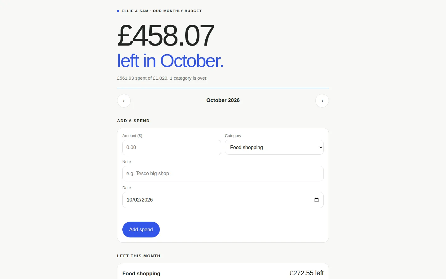Prompt 2's first version on a laptop: the same layout with '£458.07 left in October.' and smaller, fainter labels on the form.