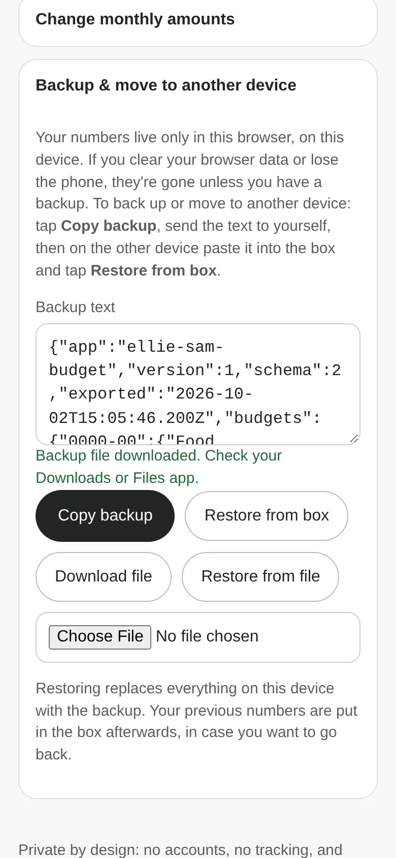 The backup section on a phone: a note that the numbers live only in this browser and are gone if the browser is cleared or the phone is lost, a box of backup text, and Copy backup, Restore from box, Download file and Restore from file buttons, with a stray 'Choose File' box under them.