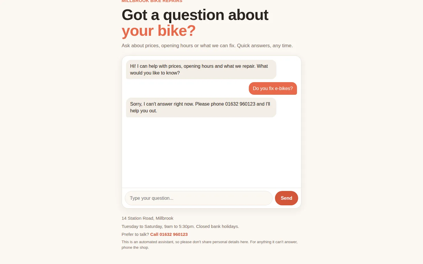 The chat after asking 'Do you fix e-bikes?' with a wrong API key: the reply 'Sorry, I can't answer right now. Please phone 01632 960123 and I'll help you out.'
