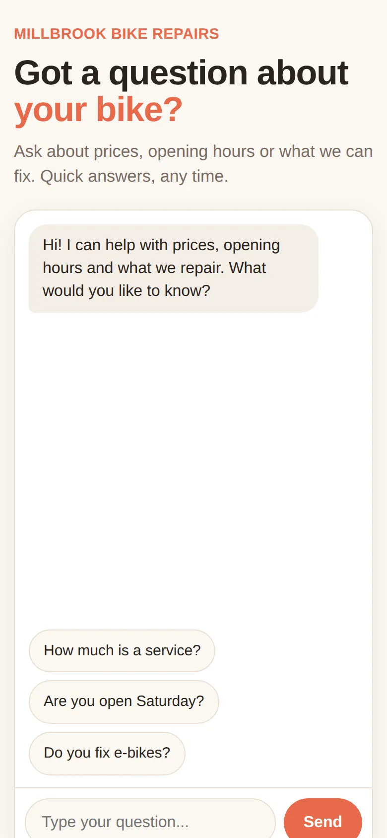 The chat page on a phone, with the greeting, the tap-to-ask buttons and the Send button filling the screen width.