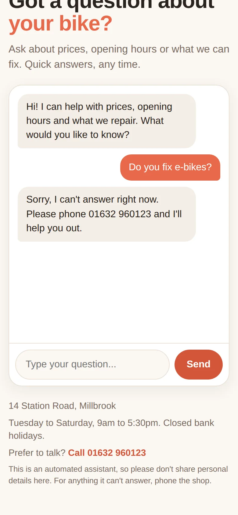 The friendly fallback reply on a phone, under the question 'Do you fix e-bikes?', with the call link and opening hours below.