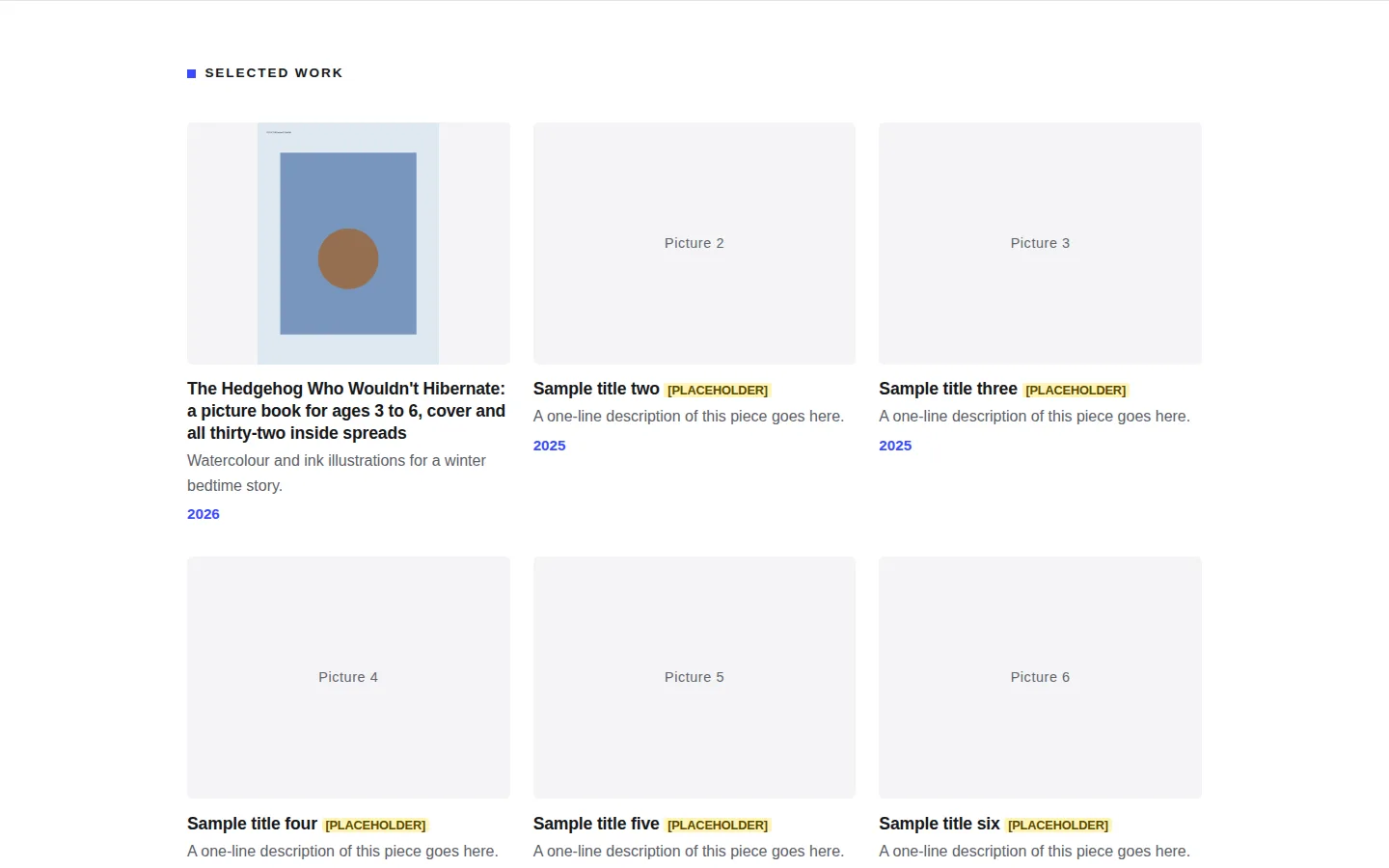 Selected work after prompt 4: the first tile shows our flat-colour test picture whole, under it the long hedgehog title wrapped over three lines, the one-line description and 2026; the other five tiles are grey boxes with yellow PLACEHOLDER tags.