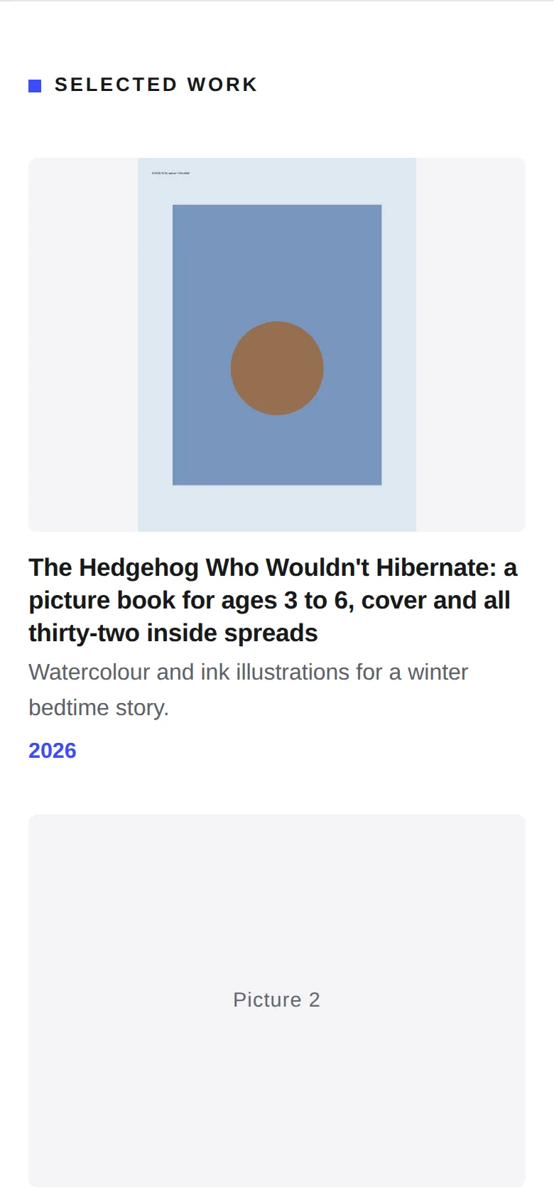Phone: the hedgehog tile with our test picture shown whole, the long title wrapping over three lines, then the grey 'Picture 2' box below.