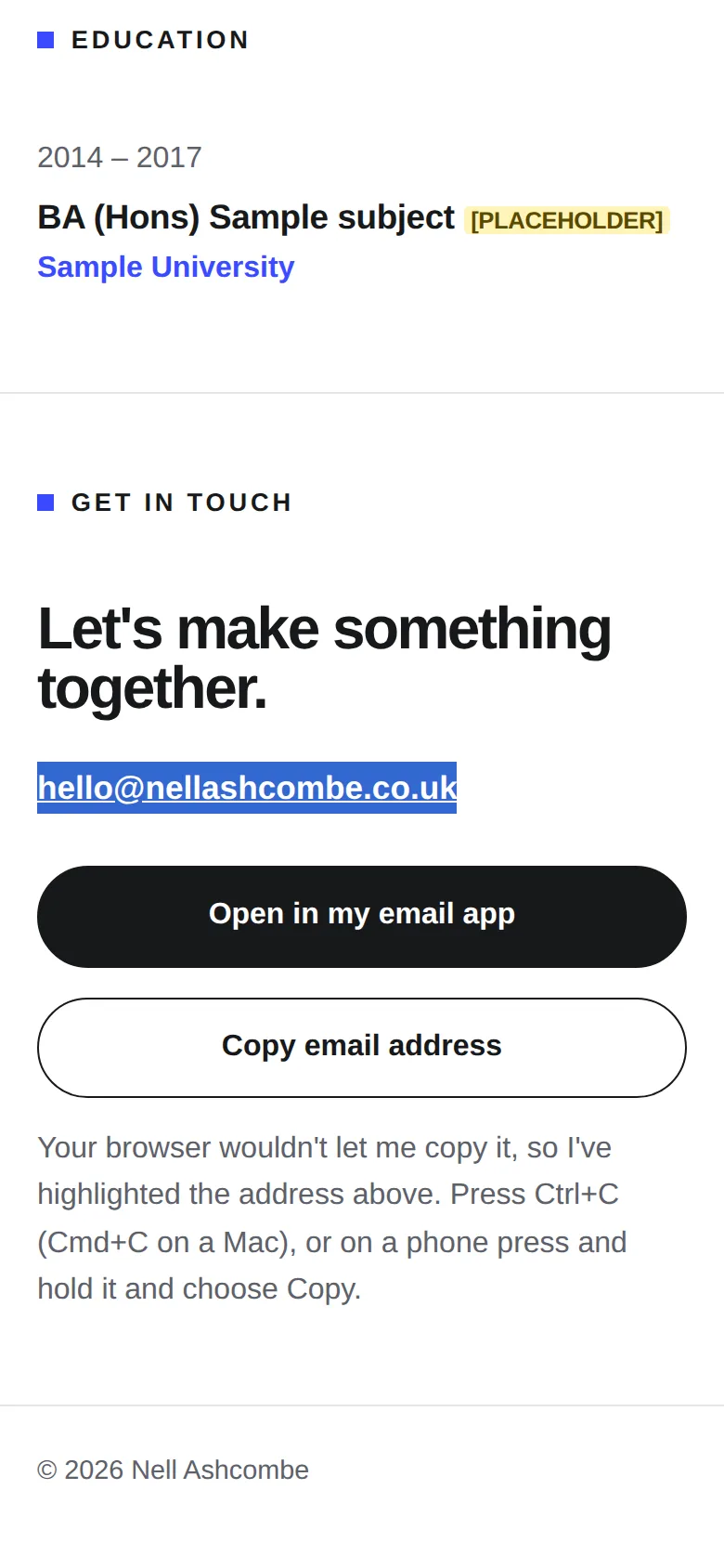 Phone, with copying blocked by the browser: the email address highlighted and a message saying to press Ctrl+C, Cmd+C on a Mac, or press and hold on a phone and choose Copy.