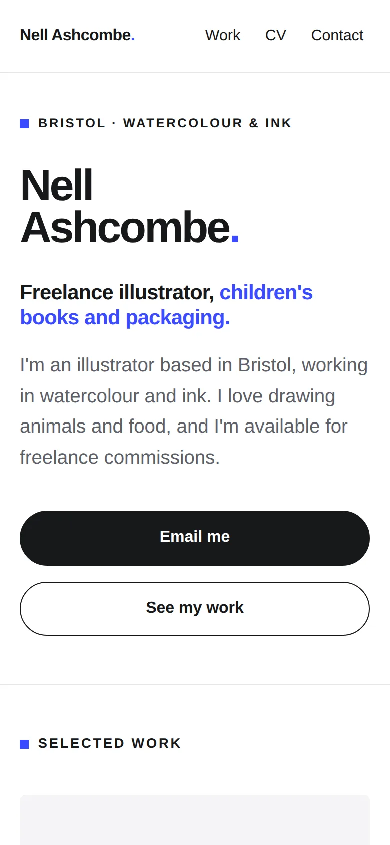 Phone: the name and Work, CV and Contact links in the top bar, the big name heading, the intro, and full-width Email me and See my work buttons.