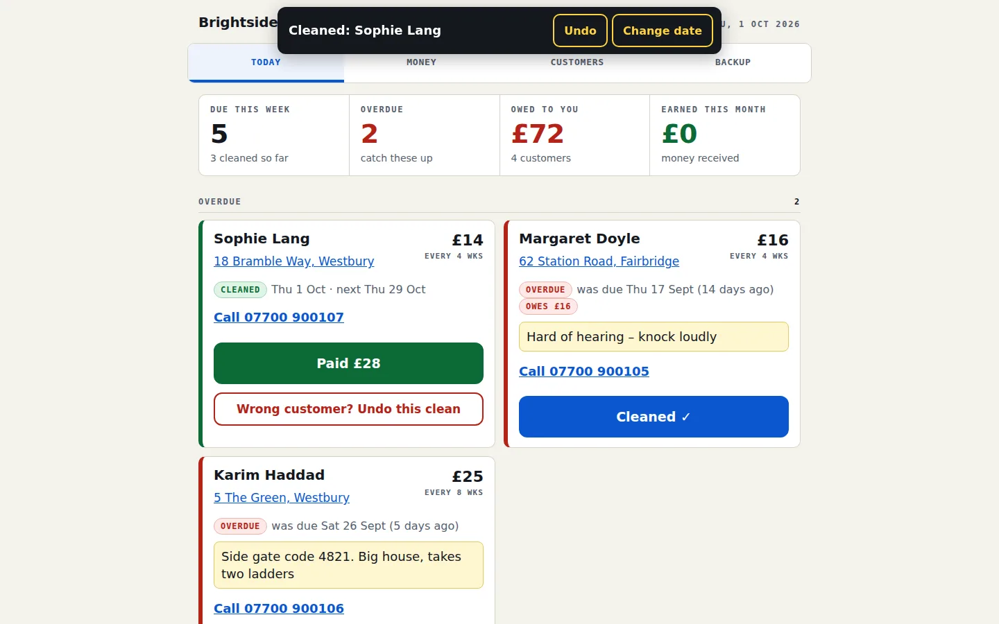 After tapping Cleaned on Sophie Lang: her card stays in place, turns green with 'Cleaned Thu 1 Oct, next Thu 29 Oct', and offers a green Paid £28 button and a 'Wrong customer? Undo this clean' button. A bar at the top offers Undo and Change date.