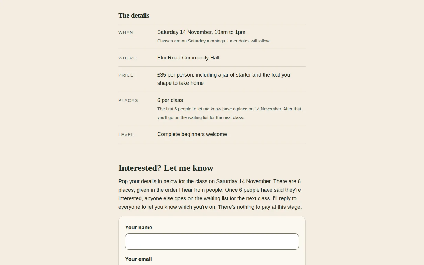 The details on a laptop: When, Where, Price, Places and Level in a ruled list, with the note that the first 6 people have a place on 14 November and the rest go on the waiting list, then 'Interested? Let me know' and the start of the form.