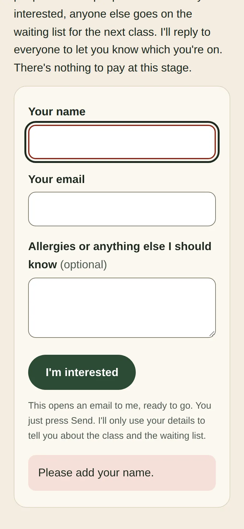 The form on a phone after pressing 'I'm interested' with nothing filled in: the name box has a dark red border and a pink box below the button says 'Please add your name.'