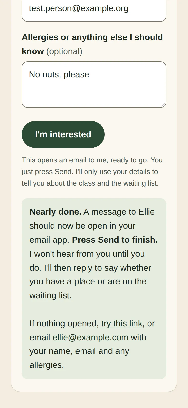 The form on a phone after a good sign-up: a green box says 'Nearly done. A message to Ellie should now be open in your email app. Press Send to finish', with a 'try this link' backup and the email address.