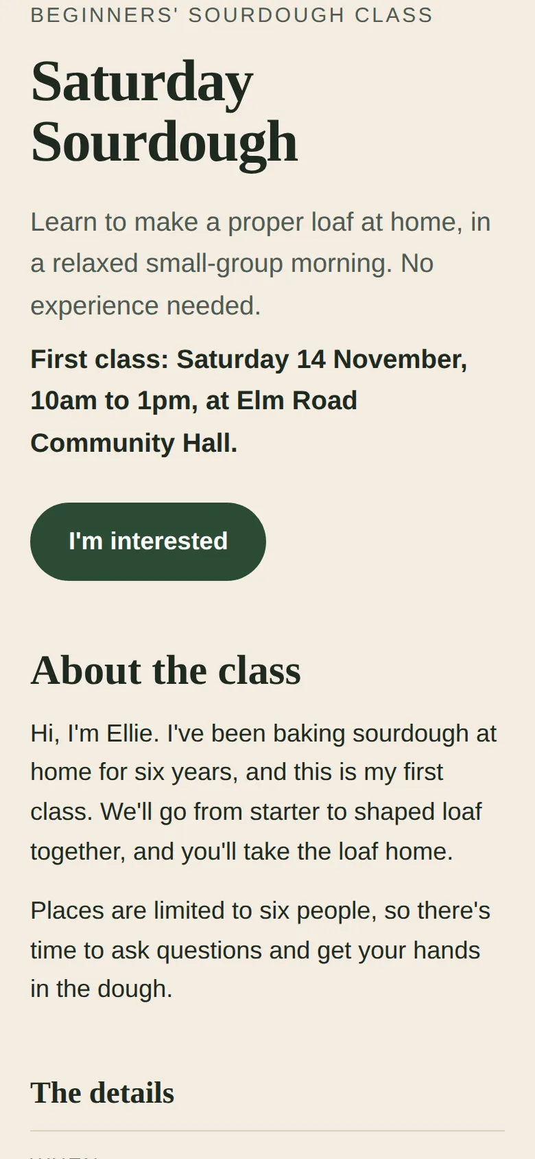 The top of the page on a phone: the heading over two lines, the intro, the first class date in bold and a full 'I'm interested' button, with nothing spilling off the side.