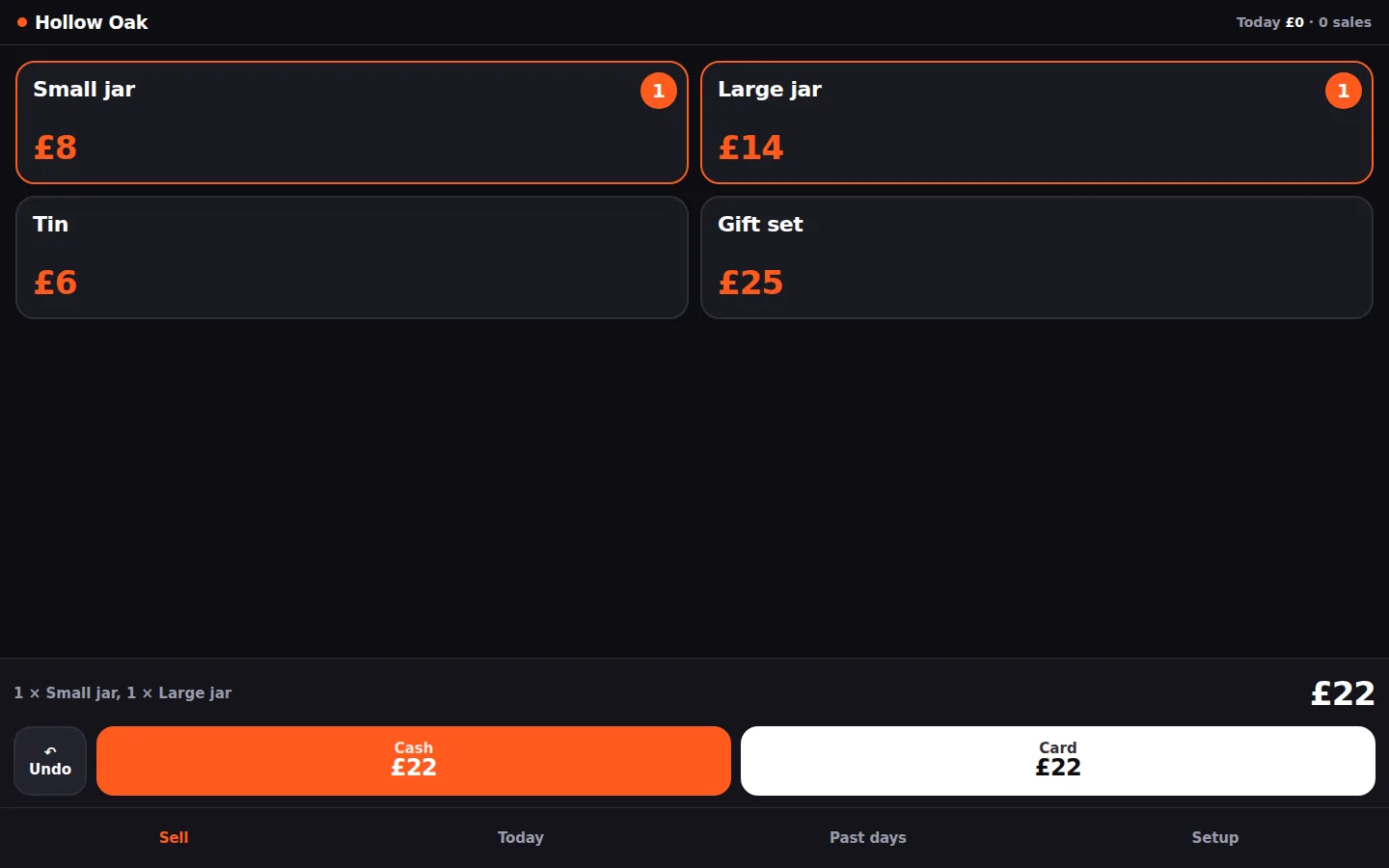 The same app on a laptop-width screen: four wide candle buttons, Small jar and Large jar marked 1, £22 at the bottom and full-width orange Cash and white Card buttons.
