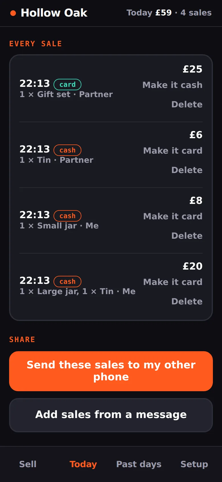 The Today screen's list of every sale, each with a time, a cash or card tag, the candles and whose phone took it (Me or Partner), plus 'Make it card', 'Make it cash' and Delete links, and buttons to send these sales to the other phone or add sales from a message.