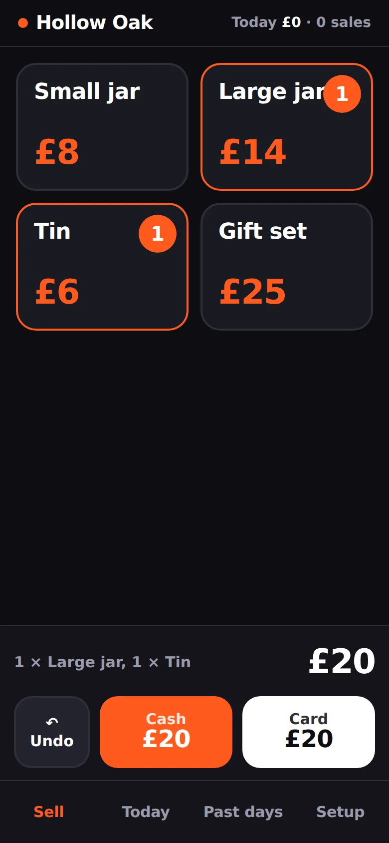 The Sell screen on a phone: a dark page with four big candle buttons and orange prices, Large jar and Tin marked 1, '1 × Large jar, 1 × Tin' and £20 at the bottom, with Undo, an orange Cash £20 and a white Card £20 button.