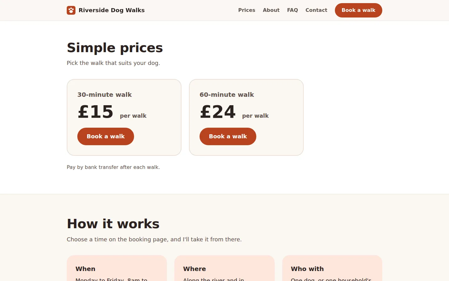 Simple prices: two cards, 30-minute walk £15 per walk and 60-minute walk £24 per walk, each with a Book a walk button, then 'Pay by bank transfer after each walk.'