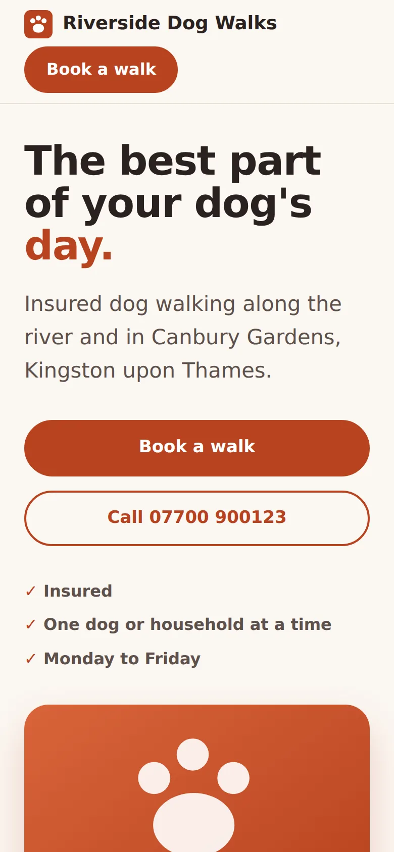 The page on a phone: the name and a Book a walk button in the top bar, the big heading, full-width Book a walk and Call buttons, and the ticks.