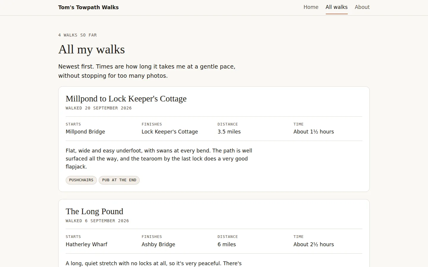 All walks page on a laptop: 'All my walks' heading and each walk in a white box with starts, finishes, distance and time in four columns, a note and labels.