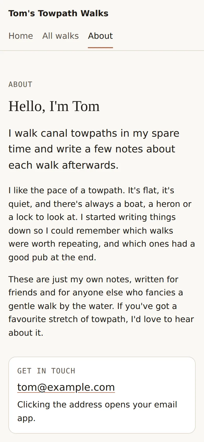 About page on a phone: 'Hello, I'm Tom', a few lines about walking towpaths, and a 'Get in touch' box with the tom@example.com link.