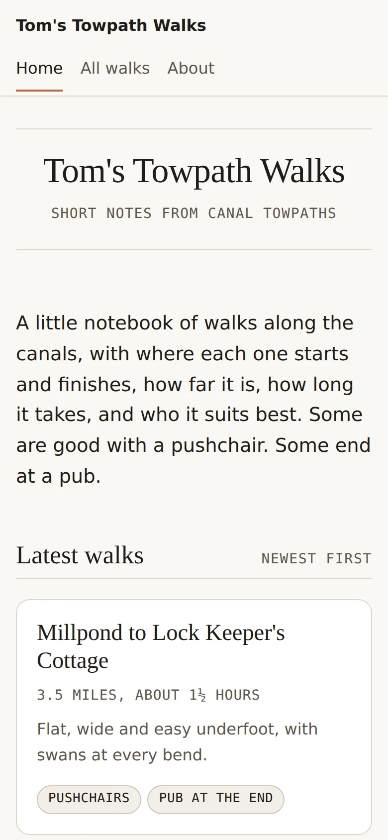 Home page on a phone: the menu sits under the site name with Home underlined, and the serif heading and first walk card fill the screen width.