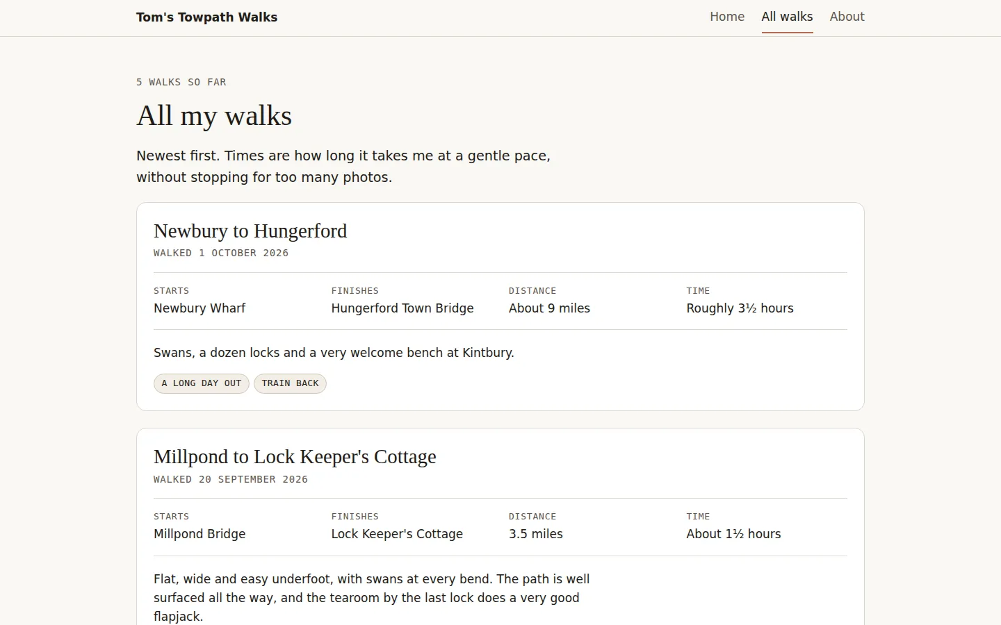 All walks page after prompt 4: '5 walks so far', with Newbury to Hungerford at the top, Newbury Wharf to Hungerford Town Bridge, about 9 miles, roughly 3 and a half hours, and the labels 'a long day out' and 'train back'.