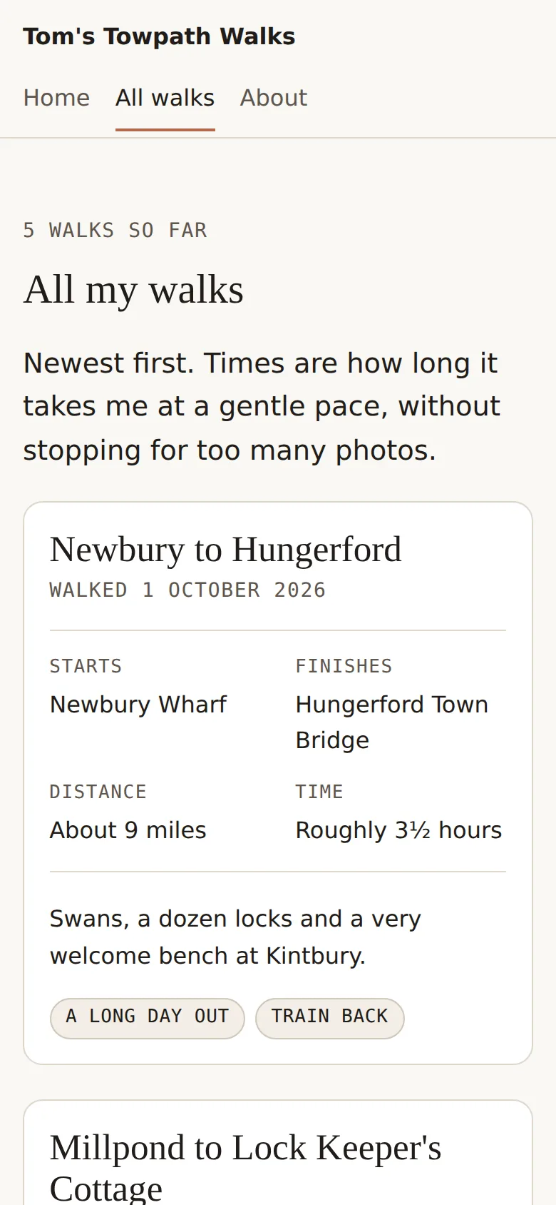All walks page on a phone after the new walk was added, with Newbury to Hungerford first and nothing spilling off the side.