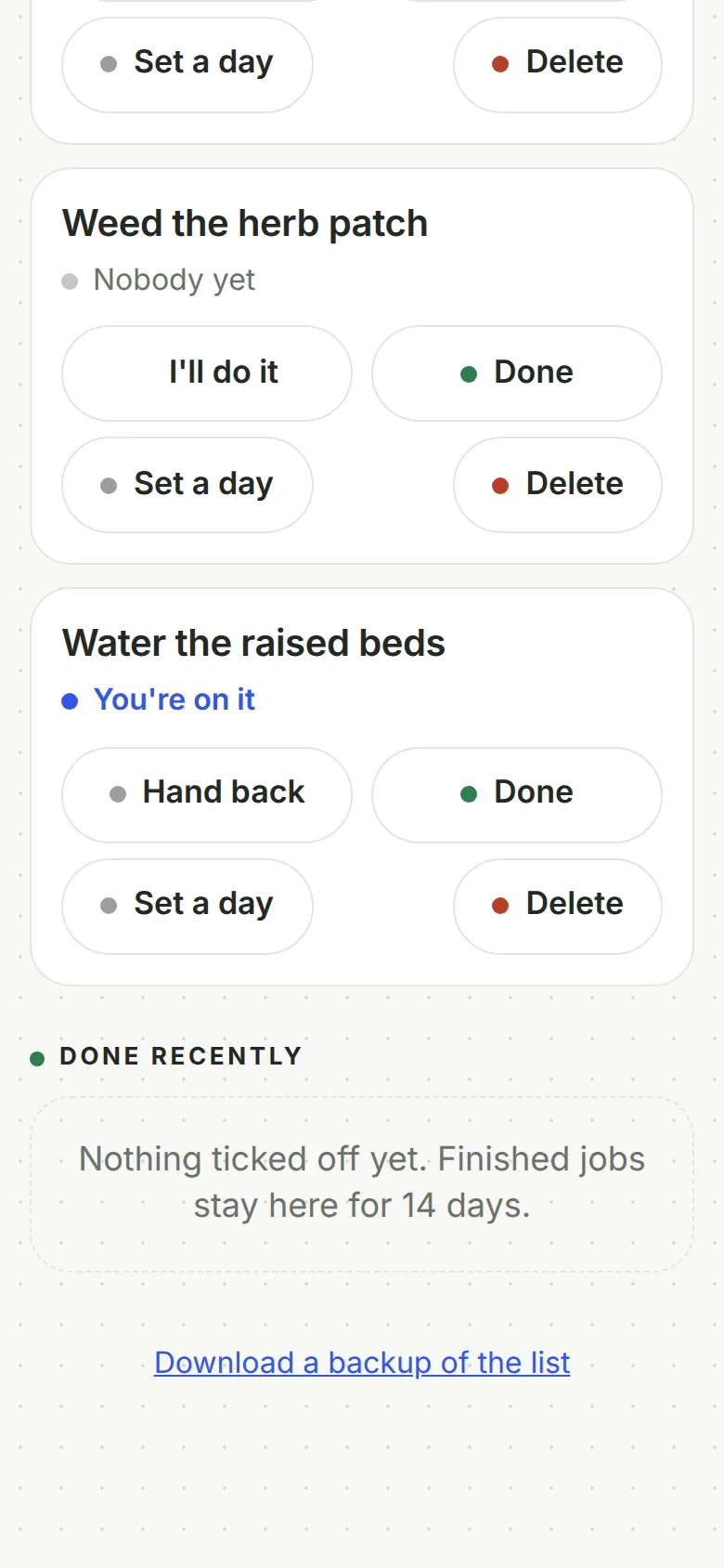 Phone view after Bob pressed I'll do it: 'Water the raised beds' now says 'You're on it' in blue, with Hand back and Done buttons.