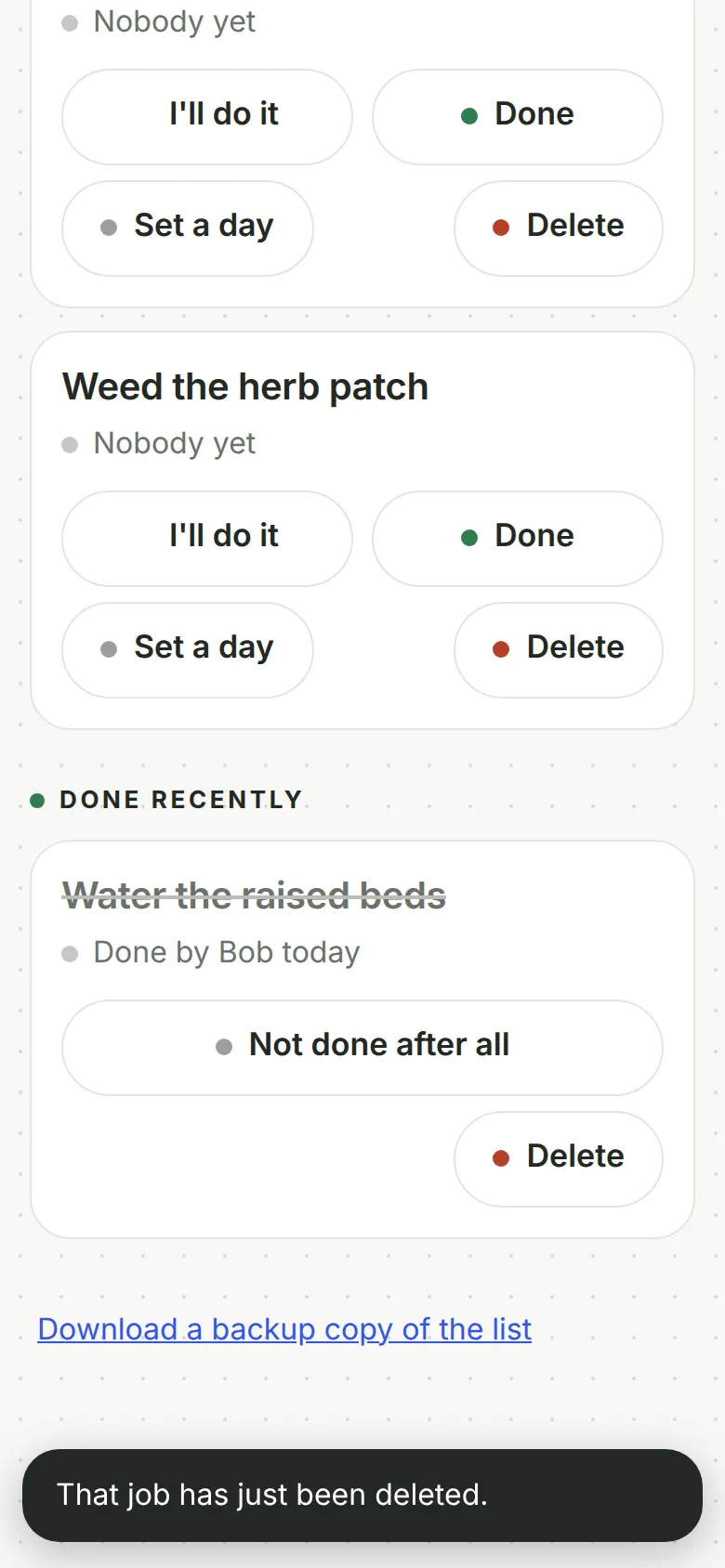 Phone view of Done recently: 'Water the raised beds' struck through, 'Done by Bob today', with a Not done after all button, and a 'Download a backup copy of the list' link below.