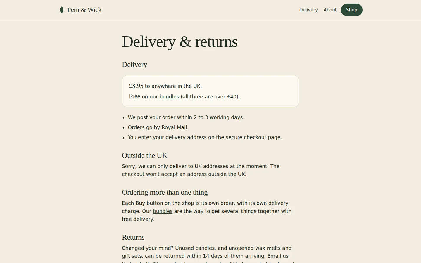 Delivery & returns page: £3.95 to anywhere in the UK, free on the bundles (all three are over £40), posting in 2 to 3 working days by Royal Mail, a UK-only note, and 'Ordering more than one thing' explaining each Buy button is its own order.
