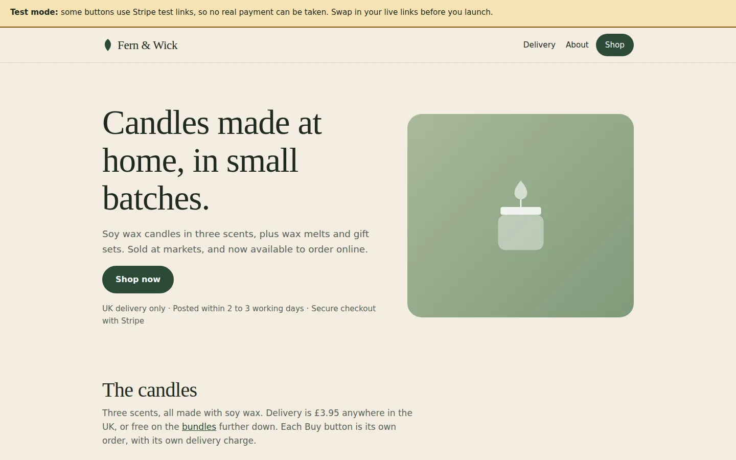 The home page with a yellow strip across the top: 'Test mode: some buttons use Stripe test links, so no real payment can be taken. Swap in your live links before you launch.'