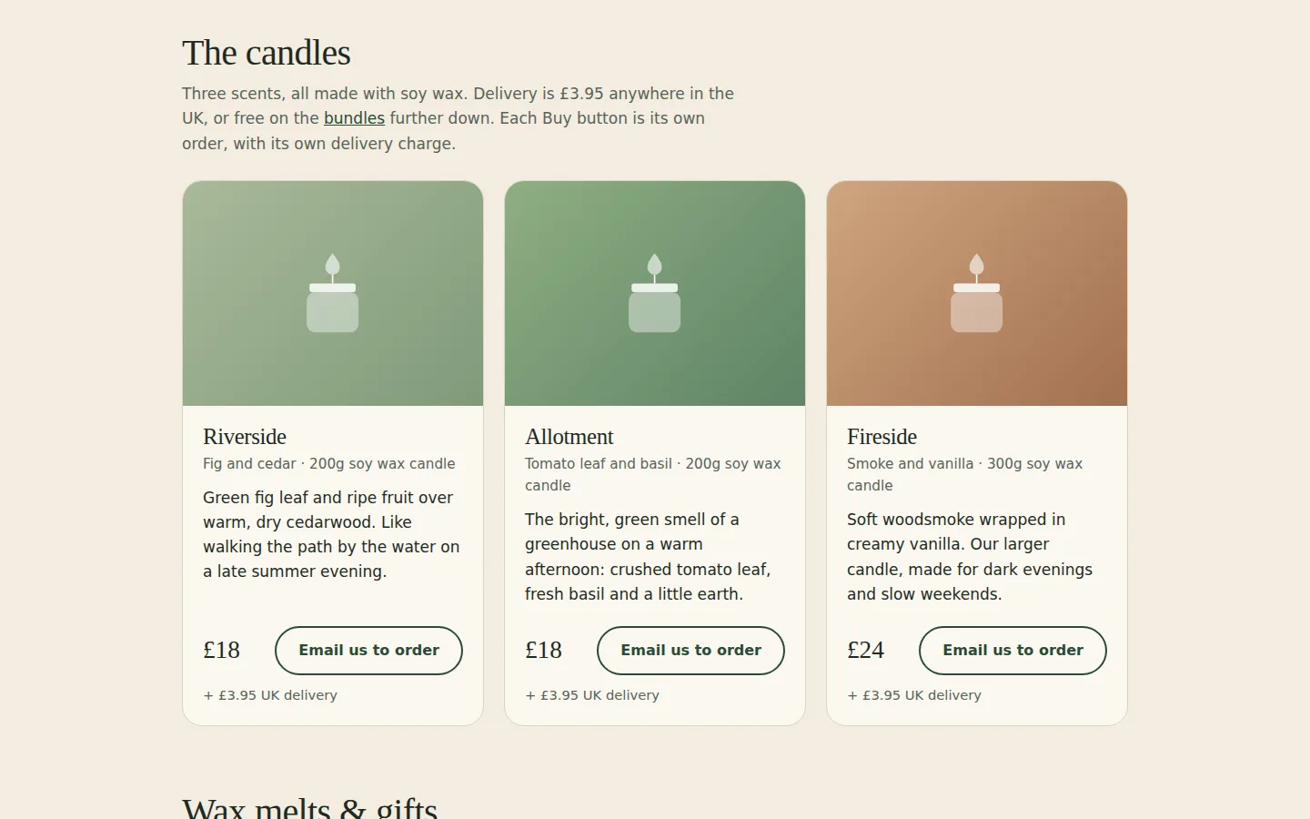 The candles section served as a website with no links added: Riverside £18, Allotment £18 and Fireside £24 cards, each with an outlined 'Email us to order' button and '+ £3.95 UK delivery' underneath.