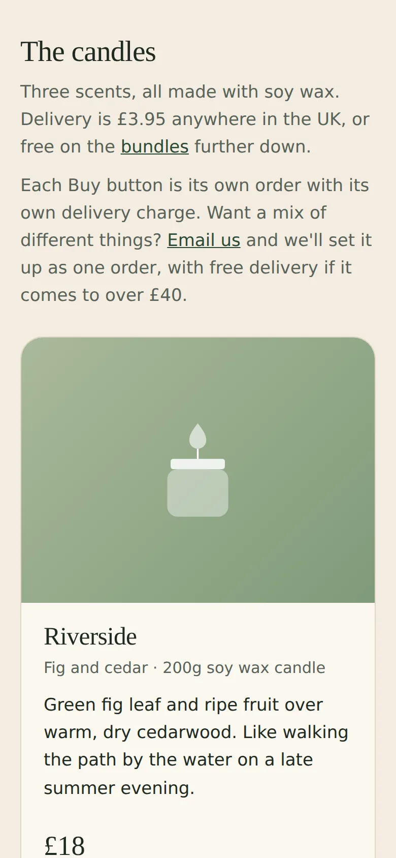 The Riverside candle card on a phone, opened from disk before any links are added: £18 and a dashed orange 'Payment link not added yet' button.