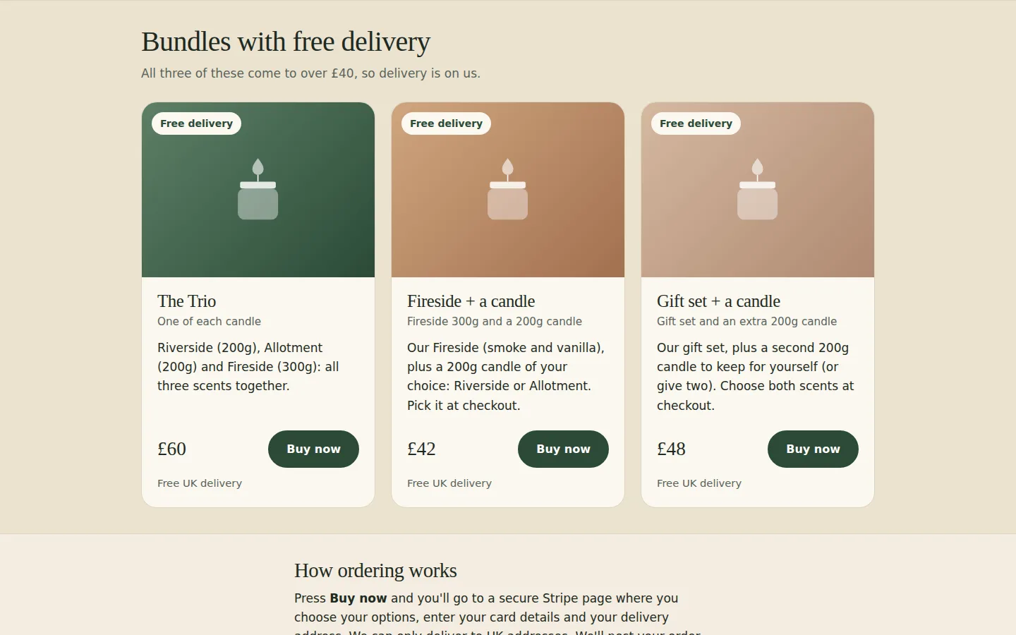 Bundles with free delivery, after made-up links were pasted in: The Trio £60, Fireside + a candle £42 and Gift set + a candle £48, each with a Free delivery badge and a dark green Buy now button.