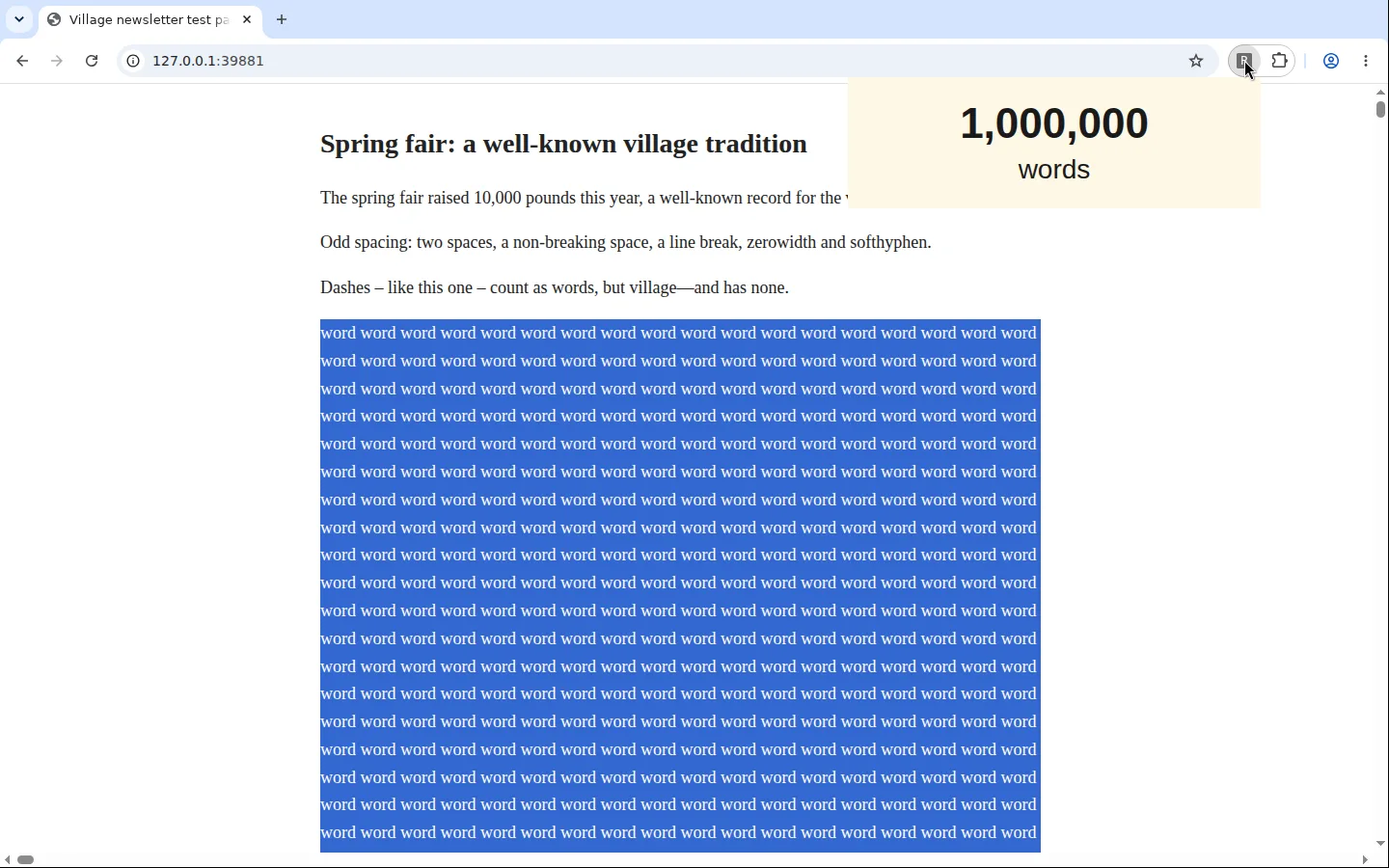 A test page with a million repeated words highlighted in blue, and the cream box showing '1,000,000' and 'words' in slightly smaller type that still fits.