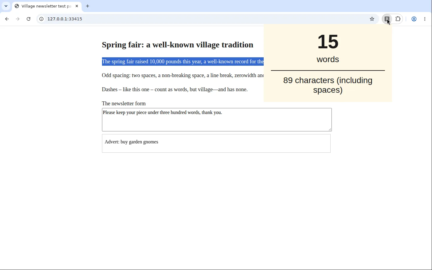 Chromium with a test page about a village spring fair. One sentence is highlighted, and a cream box under the toolbar's grey R button shows a large '15', 'words', a line, and '89 characters (including spaces)'.