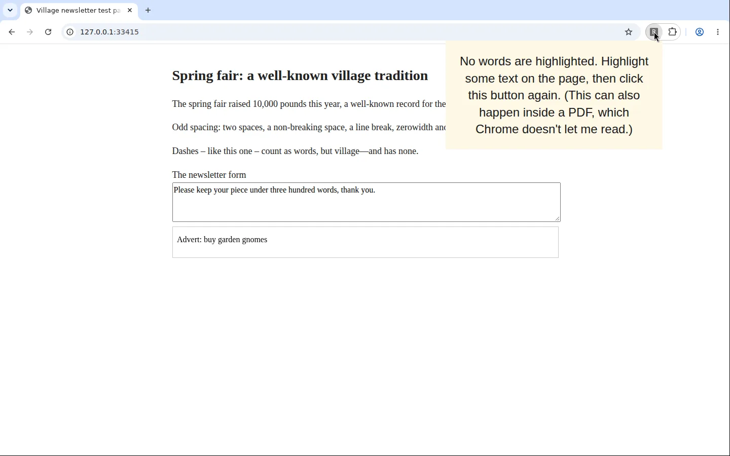 The cream box with nothing highlighted on the page: 'No words are highlighted. Highlight some text on the page, then click this button again. (This can also happen inside a PDF, which Chrome doesn't let me read.)'