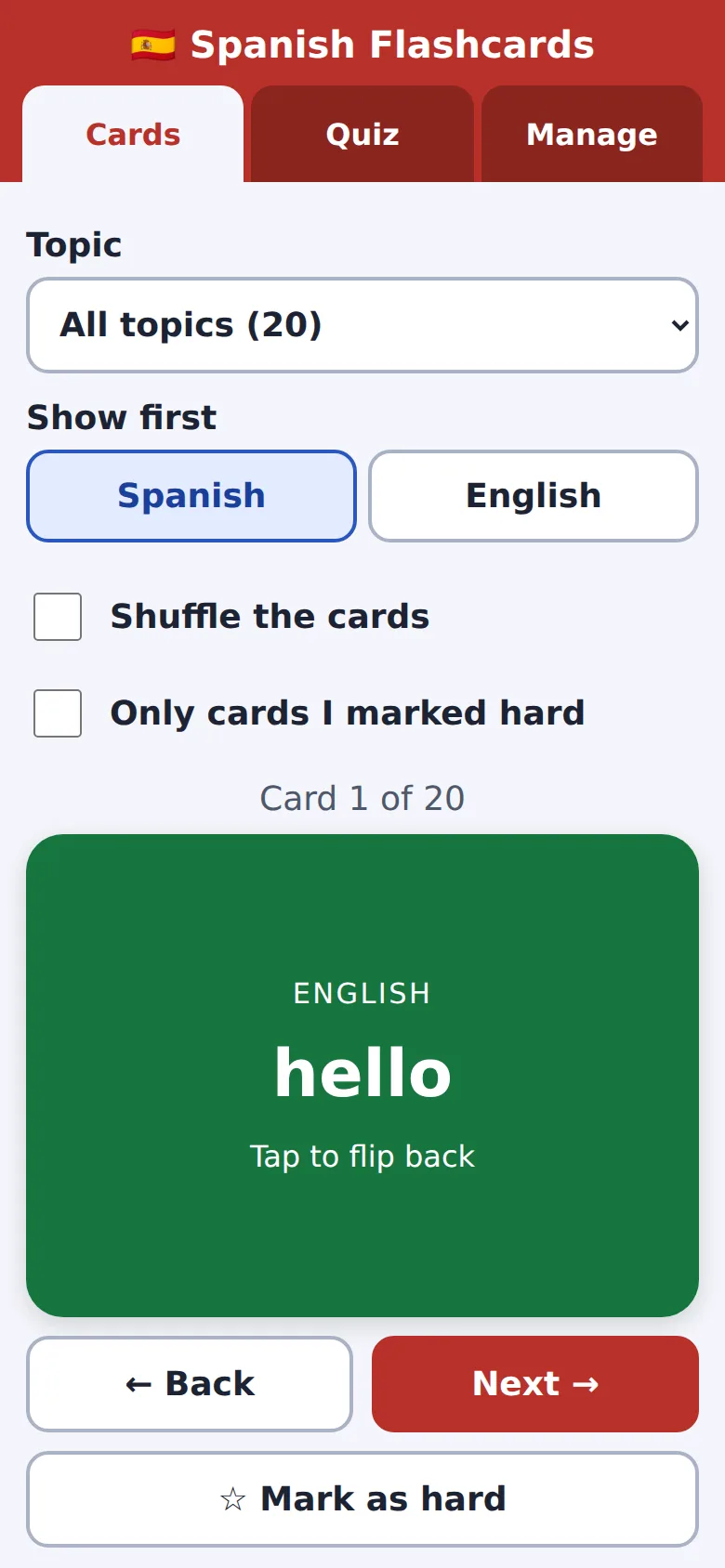 Phone: the same card flipped, now green and showing 'hello' with 'Tap to flip back', and Back, Next and 'Mark as hard' buttons below.