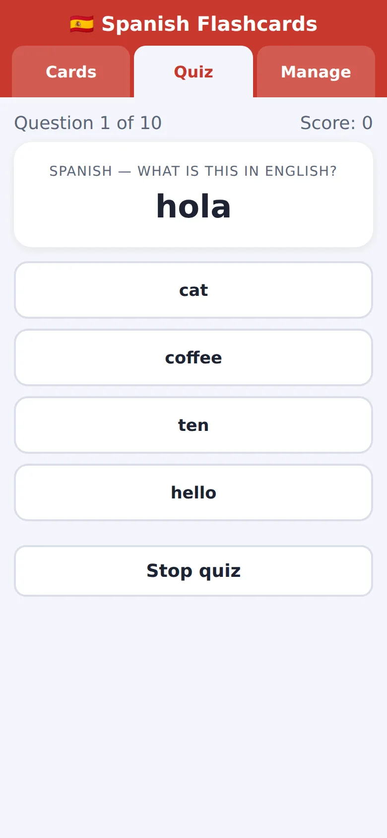 Phone, first build: we had chosen 'Type it' and 'English to Spanish', but the quiz still shows 'hola' in Spanish with four multiple-choice answers.