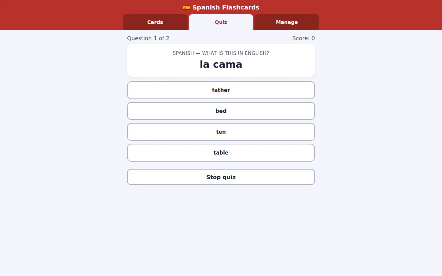 Laptop: a quiz on the 'Week 3: the house' topic, question 1 of 2, 'la cama' with four choices: father, bed, ten and table.