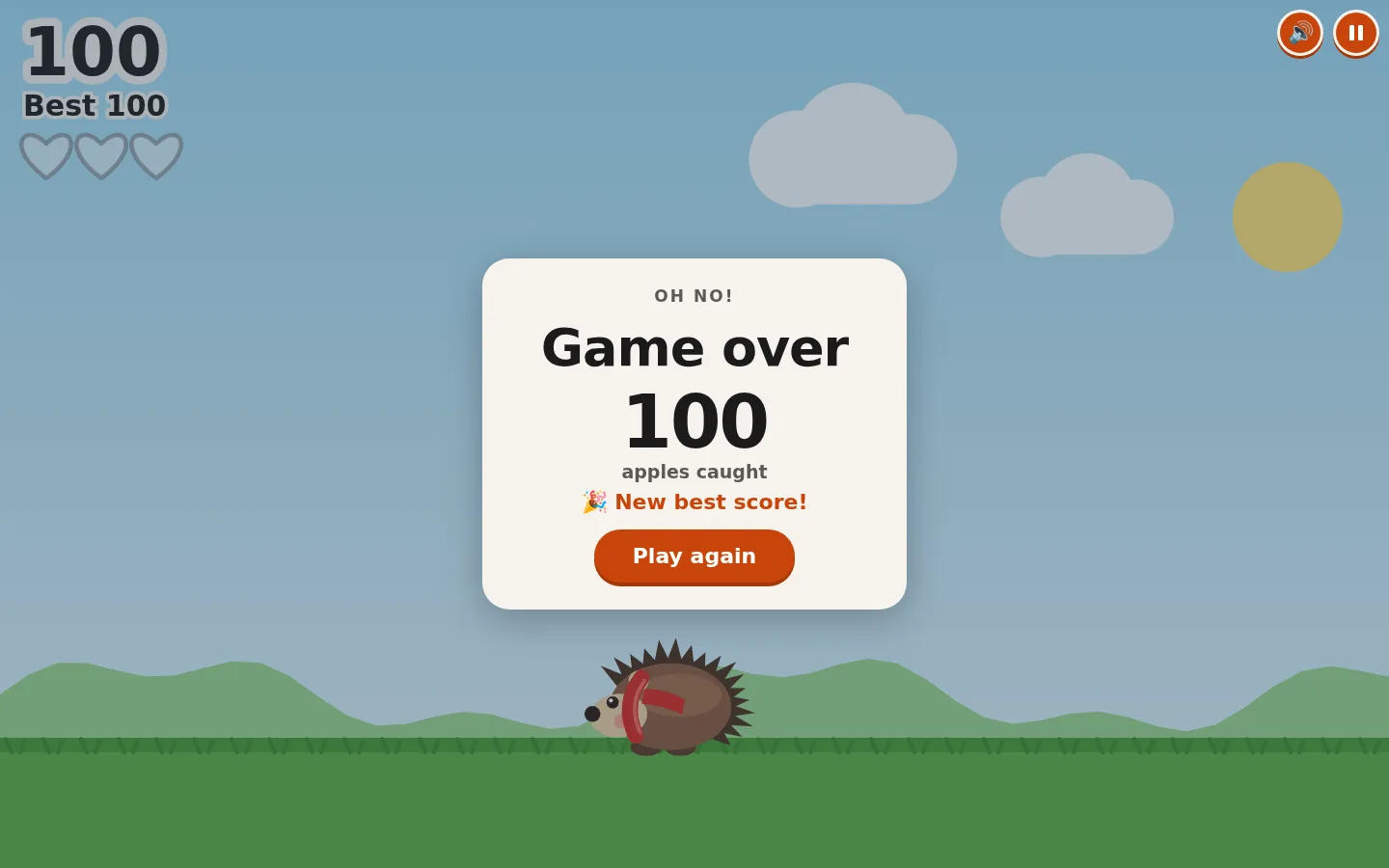 Laptop: the Game over card after our bot's run, a big 100, 'apples caught', 'New best score!' and an orange Play again button.