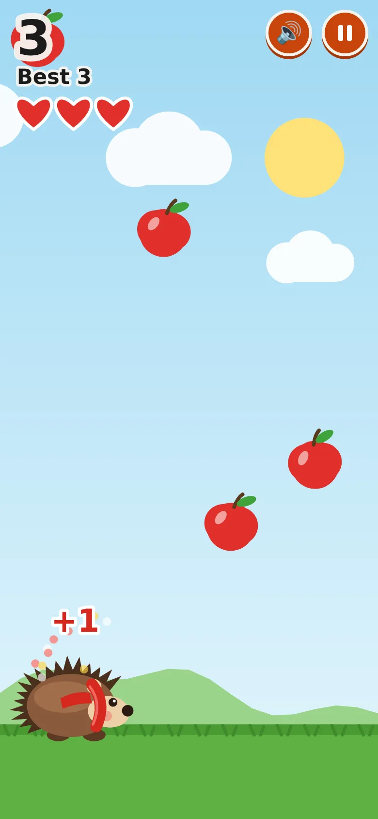 Phone mid-game, steered by a finger: score 3, best 3, three hearts, a '+1' over Bramble and red apples falling, with round orange sound and pause buttons top right.