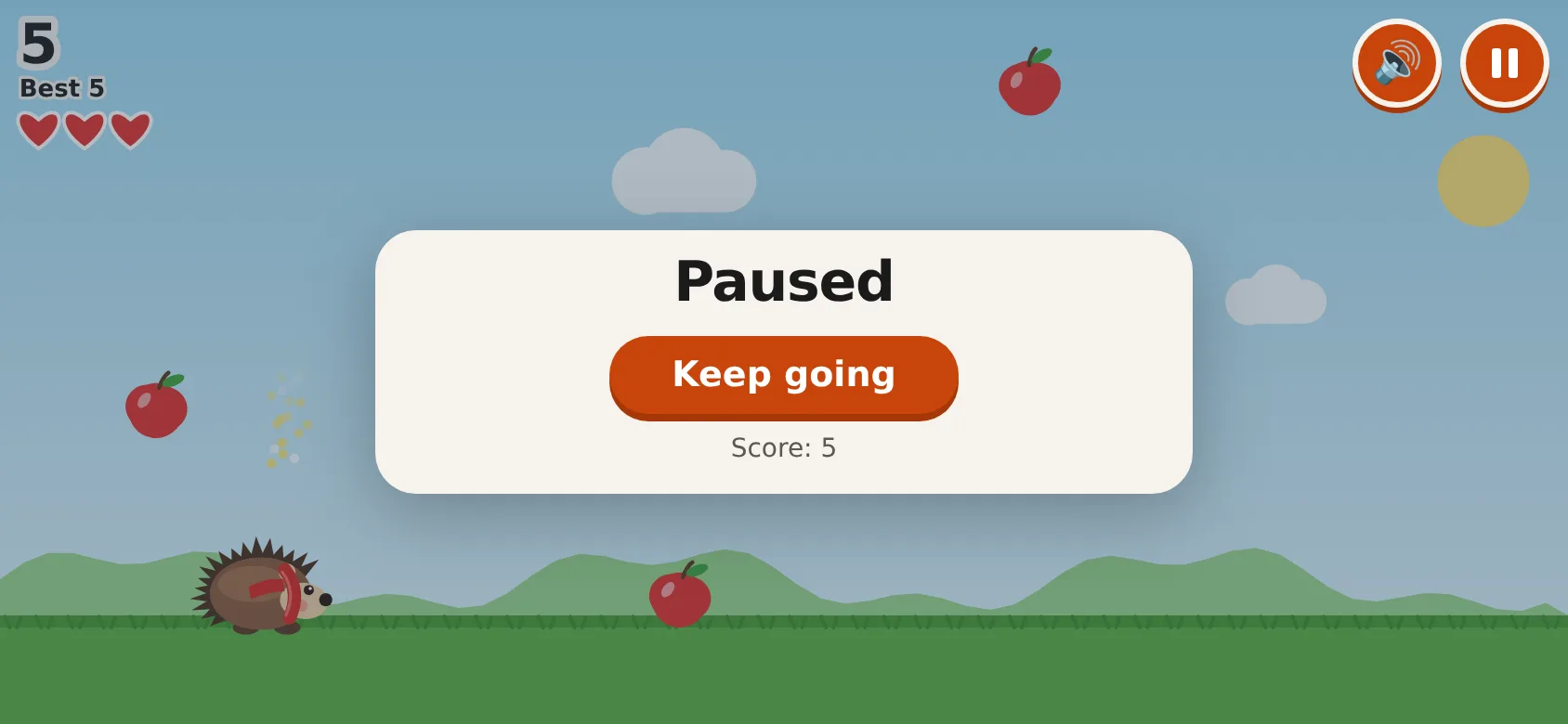 Phone turned sideways mid-game in the final version: the game fills the screen and has paused itself, with a 'Paused' card and a 'Keep going' button.