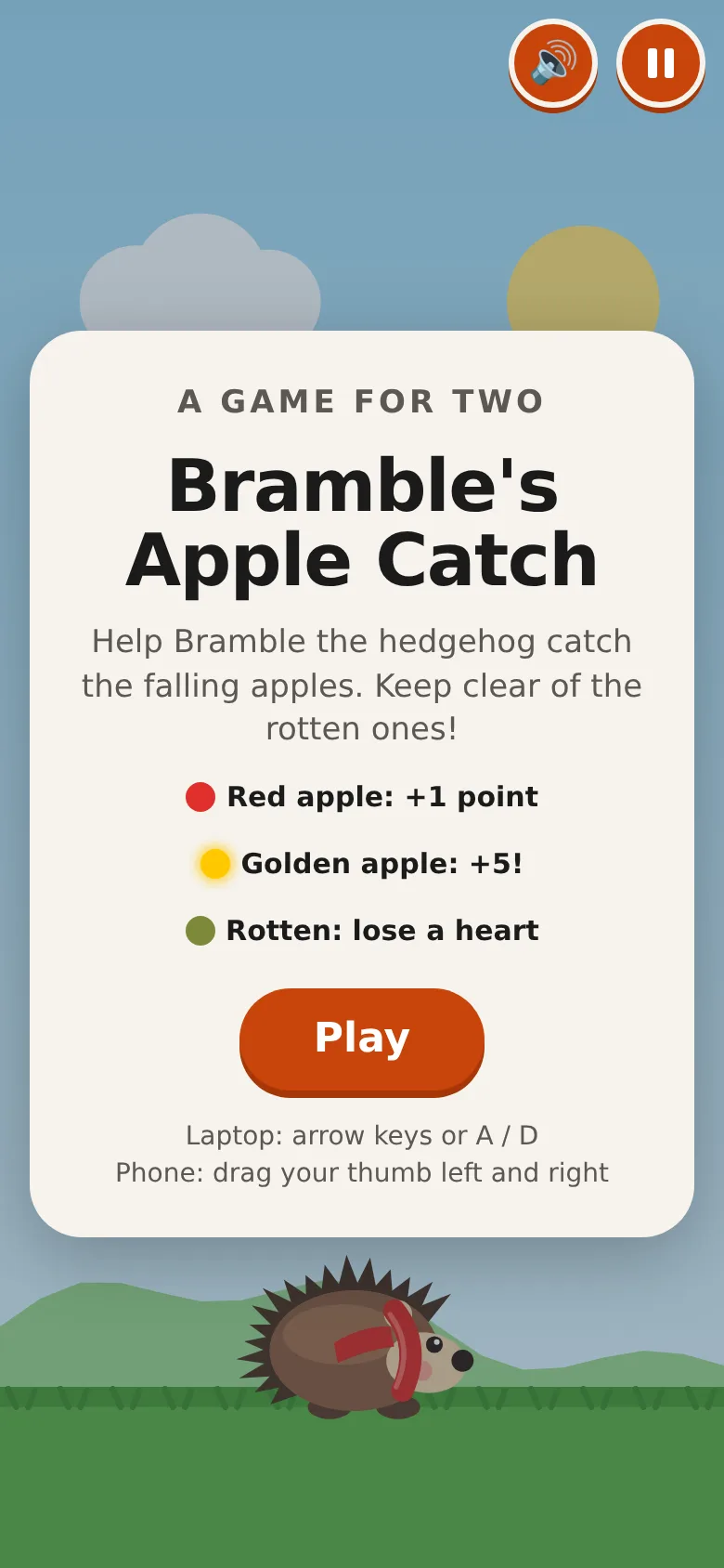 Phone, 390 pixels wide: the start card fills the width, with the three-apple key, a big orange Play button and 'Phone: drag your thumb left and right'.