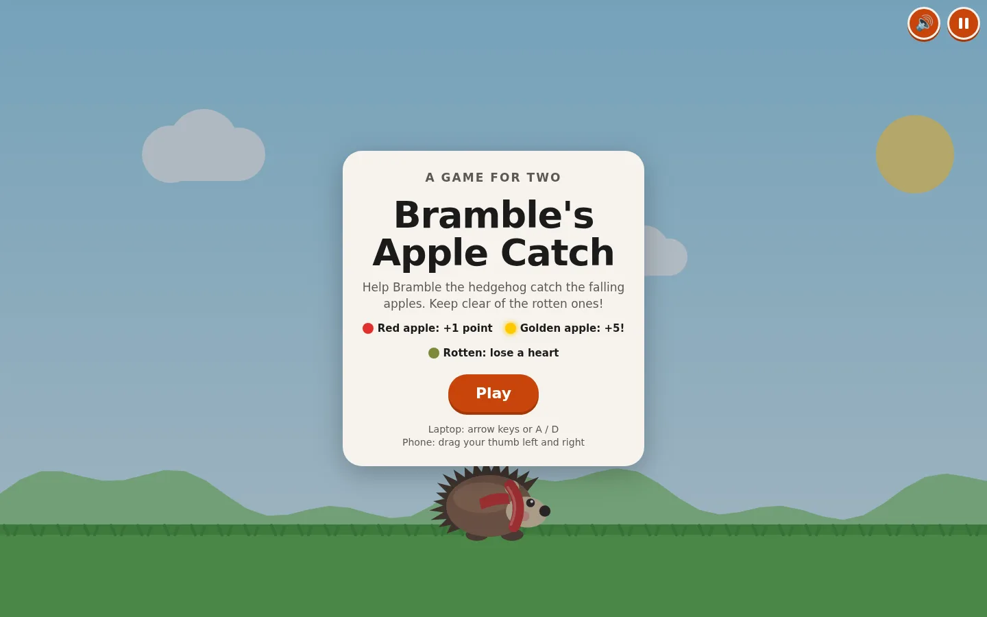 Laptop: the start card, 'Bramble's Apple Catch', with a key for red apples (+1 point), golden apples (+5) and rotten apples (lose a heart), an orange rounded Play button, and Bramble in a red scarf on the grass below.
