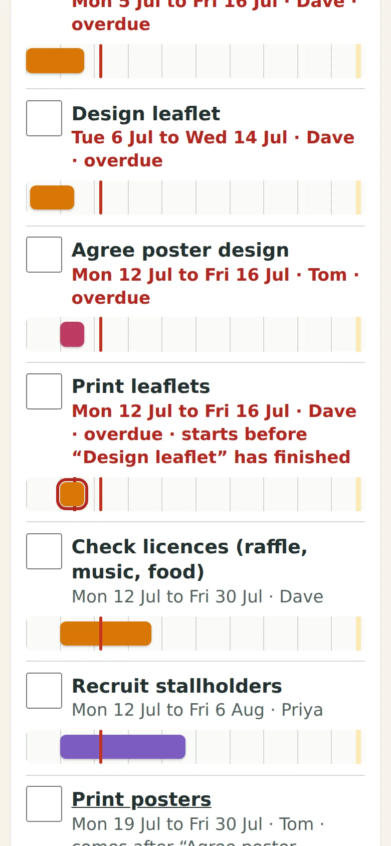 Phone: after we moved 'Design leaflet' later, the task that has to wait for it, 'Print leaflets', reads in red 'starts before “Design leaflet” has finished', and its bar has a red outline.