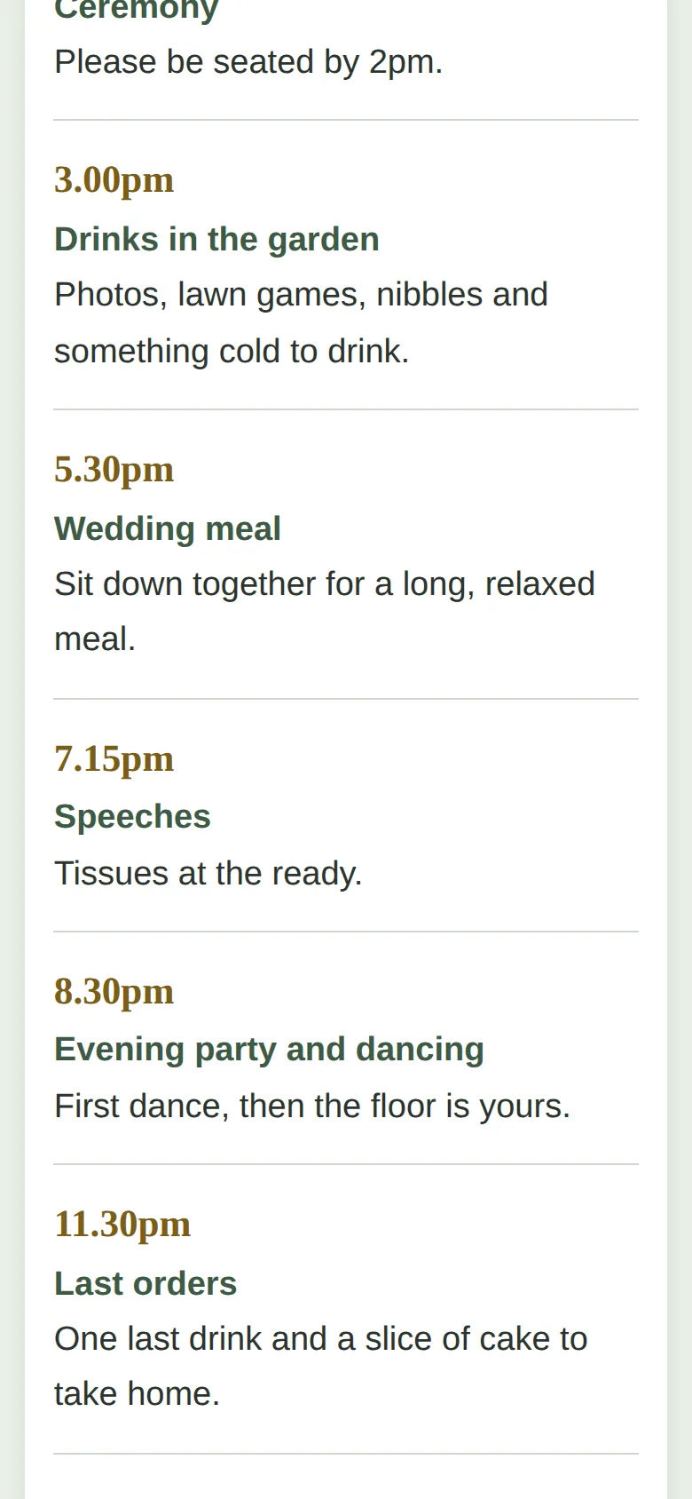Phone: the timetable after the change, each time above its description: 3.00pm drinks in the garden, 5.30pm wedding meal, 7.15pm speeches, 8.30pm evening party and dancing, 11.30pm last orders.